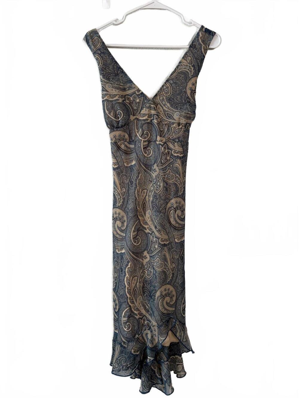 Vintage Sfuzi Fairy Dress Womens Size 16 Blue Beige Paisley Sleeveless V-Neck